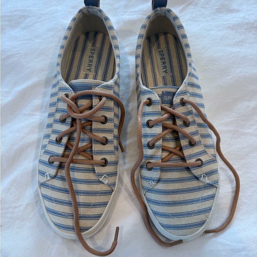 Sperry Tan and Blue Striped Boat Shoes